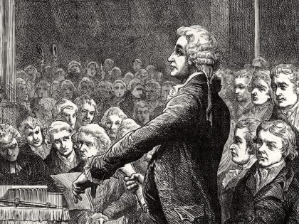 Edmund Burke (1729-1797) Anglo-Irish orator, political philosopher and writer, member of the Whig political party. Burke supporting William Wilberforce's motion for the abolition of slavery in the House of Commons, 9 May 1788. Engraving from Heroes of Bri