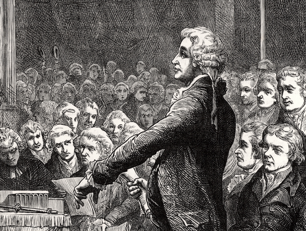 Edmund Burke (1729-1797) Anglo-Irish orator, political philosopher and writer, member of the Whig political party. Burke supporting William Wilberforce's motion for the abolition of slavery in the House of Commons, 9 May 1788. Engraving from Heroes of Bri