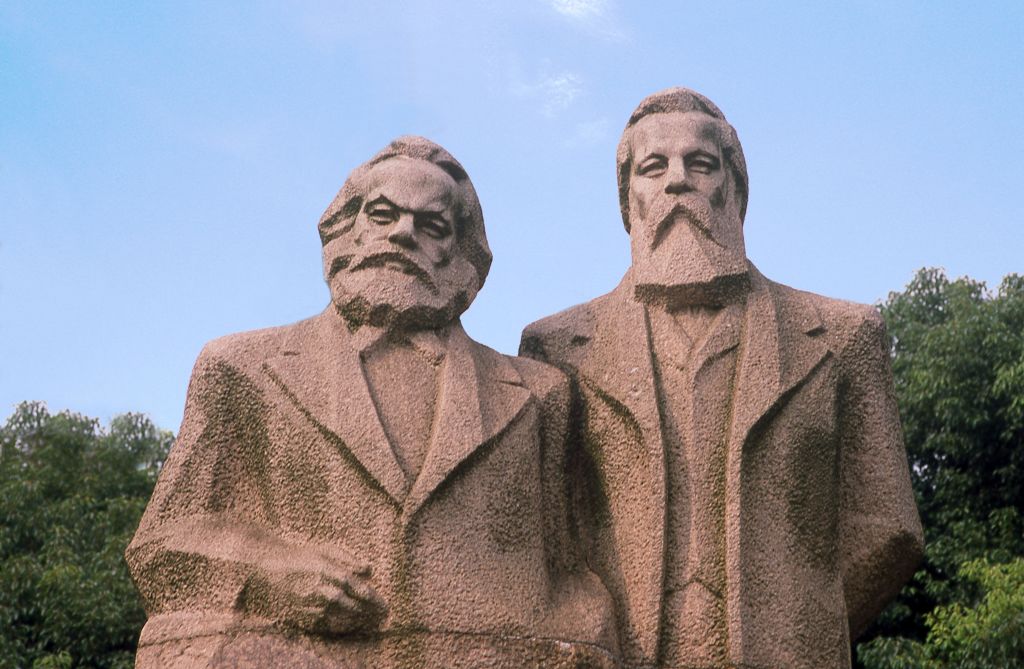 China: Karl Marx (1818 - 1883) and Friedrich Engels (1820 - 1895) statue in Fuxing Park, Shanghai.