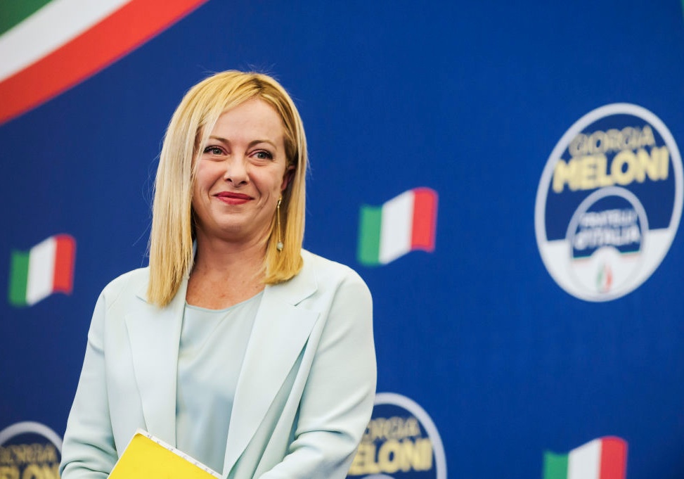 Giorgia Meloni is seen during a press conference