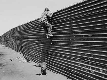 A Migrant Looks Over the Wall at the U.S. Mexico Border