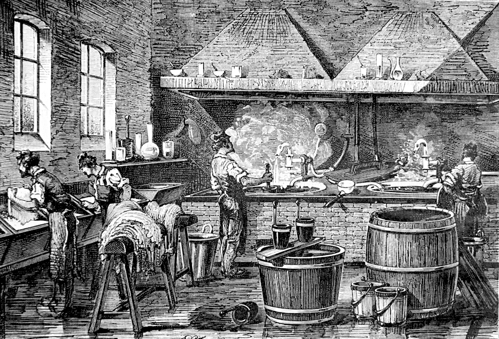 Engraving of Men Dyeing Leather Hides in Morocco by A. Jahandier
