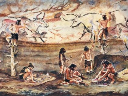 France, Aquitaine, Dordogne, Lascaux Cave, reconstructed cave painting of bulls, illustration