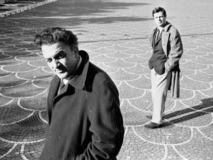 Film director Federico Fellini with actor Marcello Mastroianni in EUR Rome, 1962