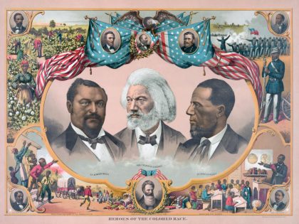 Heroes of the Colored Race. Portraits of three prominent Afro-Americans. From left to right: Blanche Kelso Bruce, 1841 - 1898, United States Senator; Frederick Douglass, 1818 - 1895, abolitionist and author; Hiram Rhodes Revels, 1827 - 1901, United States