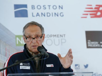 BOSTON, MA - APRIL 1:  Jim Davis, chairman of New Balance Athletics, speaks during a groundbreaking ceremony for The TRACK at new balance on April 1, 2019 in Boston, Massachusettston Herald)