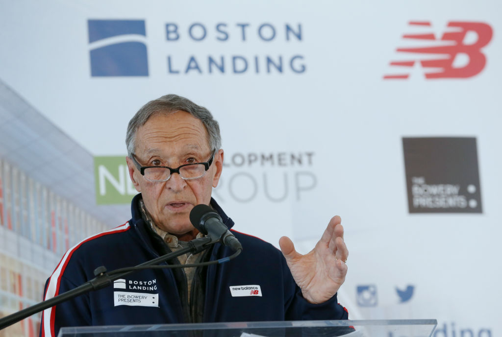 BOSTON, MA - APRIL 1:  Jim Davis, chairman of New Balance Athletics, speaks during a groundbreaking ceremony for The TRACK at new balance on April 1, 2019 in Boston, Massachusettston Herald)