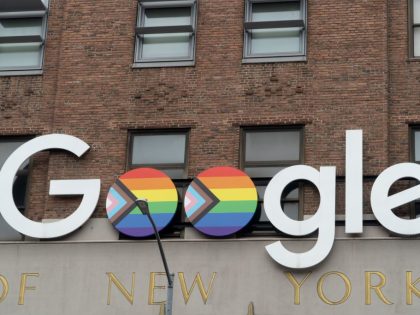 Google sign, decorated in Progress Pride design, 111 Eighth Avenue, New York, New York, 2024