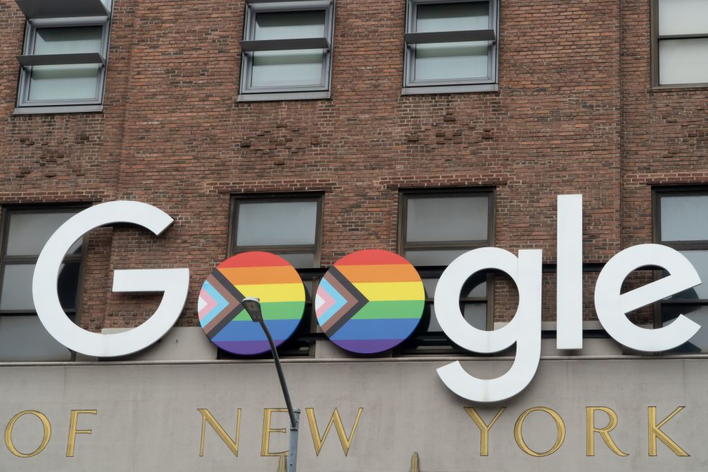 Google sign, decorated in Progress Pride design, 111 Eighth Avenue, New York, New York, 2024