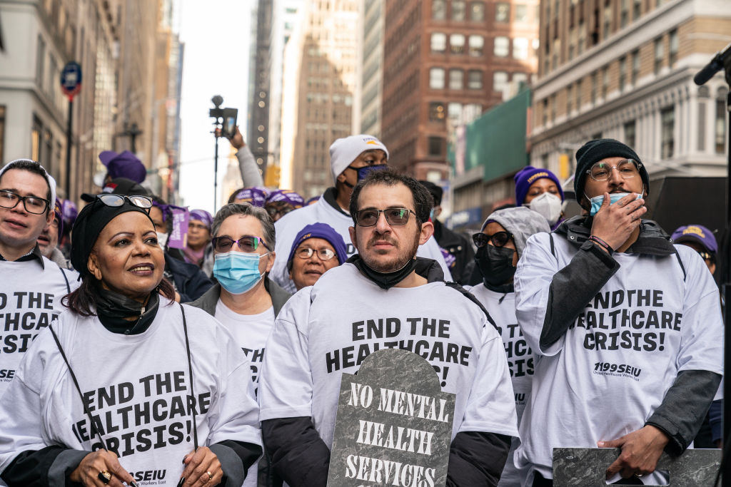 Hundreds of 1199SEIU health care workers staged a rally and
