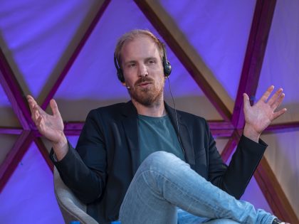 The Dutch historian Rutger Bregman is seen during his speech