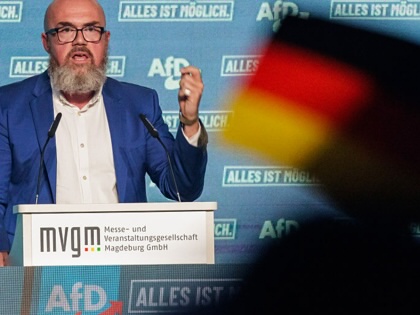 Hans-Thomas Tillschneider, deputy head of the far-right Alternative for Germany (AfD) in Saxony-Anhalt, speaks to supporters during the final campaign rally on the eve of state elections in Saxony-Anhalt on September 5, 2026, in Magdeburg, Germany.
