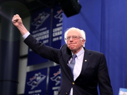 Democratic presidential candidate Sen. Bernie Sanders (I-VT) takes the stage during a primary night event on February 11, 2020, in Manchester, New Hampshire.