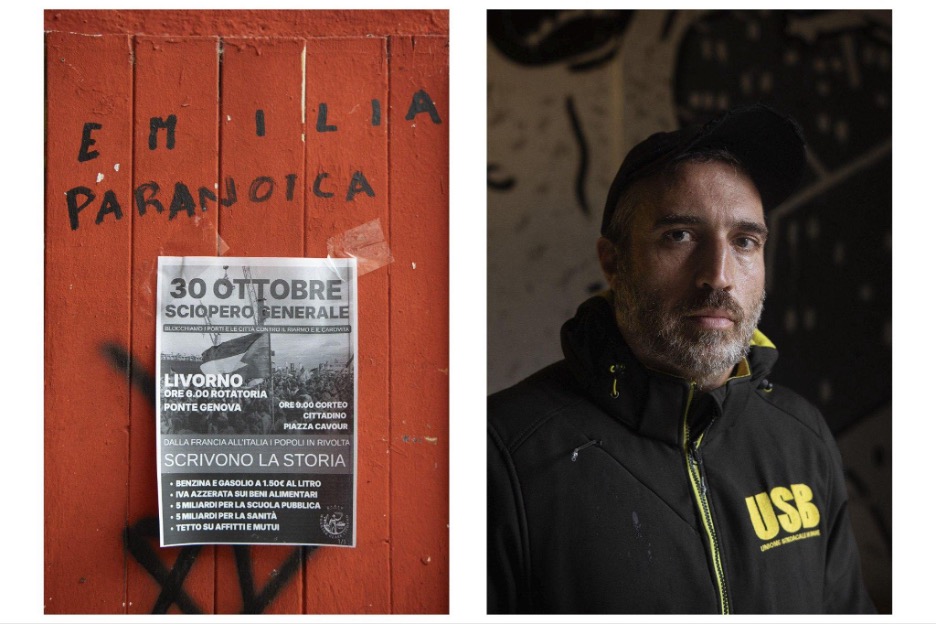 Left: a poster for the October 30 general strike on a door in Livorno. Right: Giovanni Ceraolo of the Unione Sindacale di Base (USB). October 20, 2026.