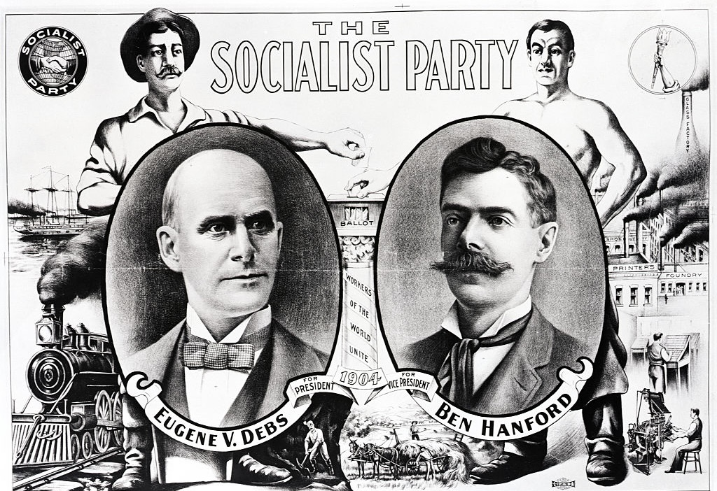 Banner for the Socialist Party of America presidential ticket of 1904, showing Eugene V. Debs for president and Ben Hanford for vice president.