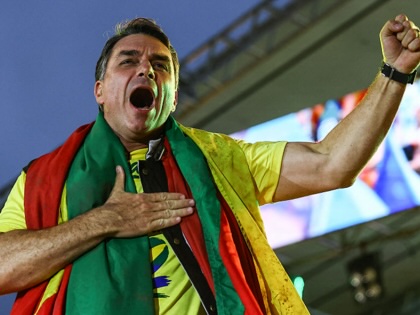 Presidential candidate Flávio Bolsonaro delivers a speech during a rally in Porto Alegre, Brazil, on October 14, 2026.