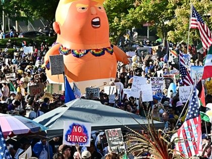 Protesters rally during the "No Kings" national day of protest in Los Angeles, California on October 18, 2025.