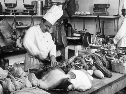 Chefs at work in the kitchens of the Grand Hotel in Torquay, England, on August 30, 1947.