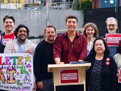 COPE candidates (center) at a rally calling for a moratorium on AI data center construction and opposing city use of AI in Vancouver, Canada, on September 10, 2026.