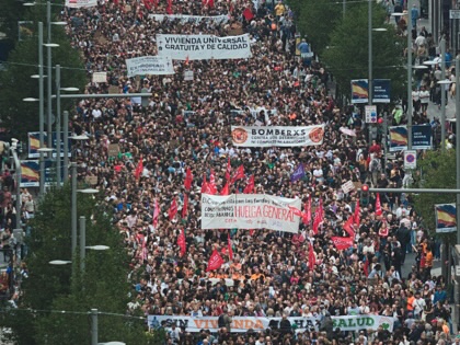 Demonstrators gather in Madrid’s city center during a housing rights demonstration outside Madrid City Hall in Madrid, Spain, on October 3, 2026.