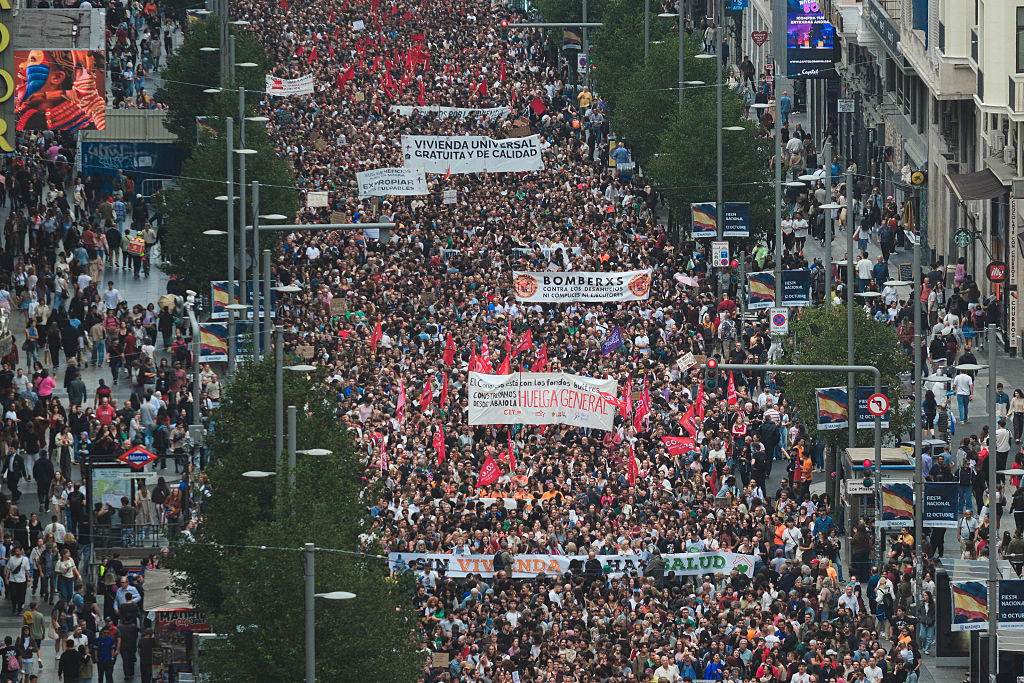 Demonstrators gather in Madrid’s city center during a housing rights demonstration outside Madrid City Hall in Madrid, Spain, on October 3, 2026.