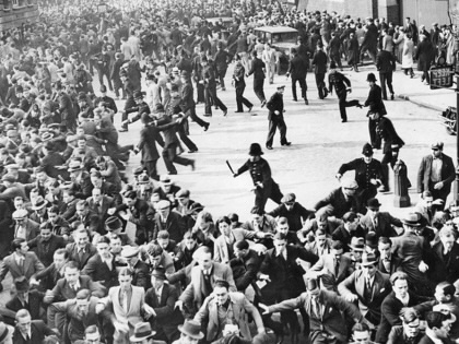 Antifascists fight British police in the 1936 “Battle of Cable Street” in London.