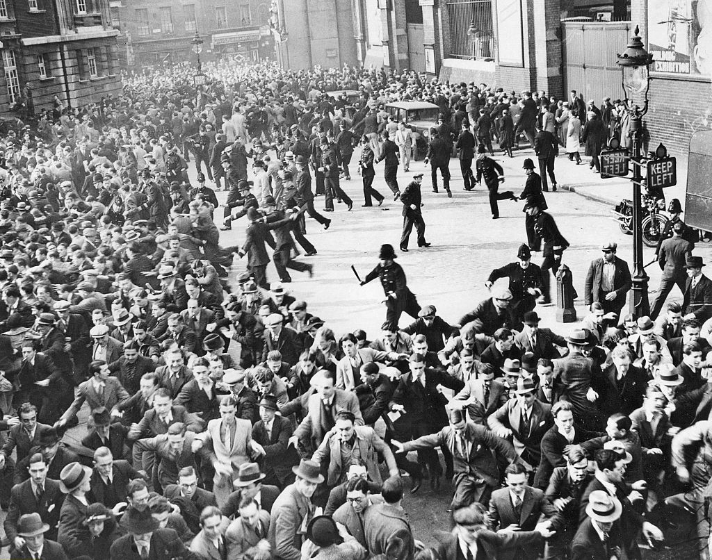 Antifascists fight British police in the 1936 “Battle of Cable Street” in London.