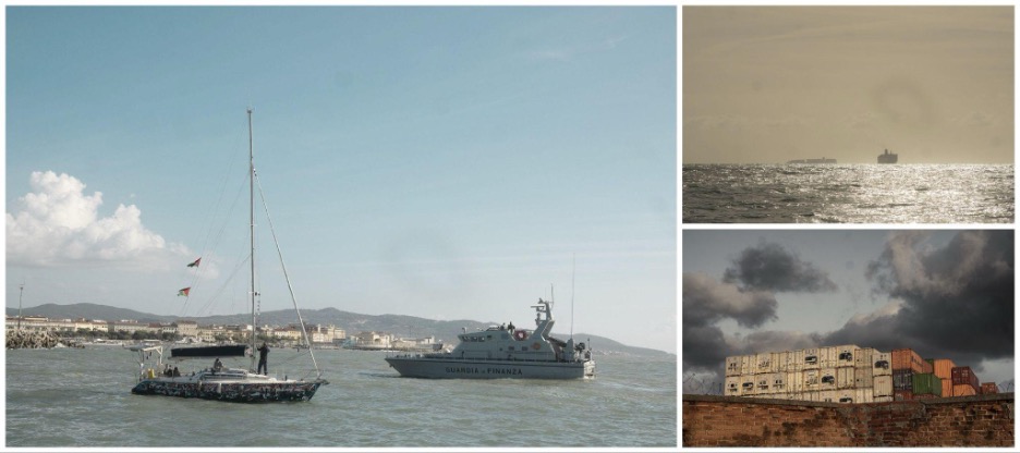 A Global Sumud Flotilla sailboat faces a Guardia di Finanza patrol boat at the mouth of Livorno’s harbor. Top right: The Sunaid X on the horizon off the Tuscan coast. Bottom right: Containers stacked behind a wall at the Port of Livorno. October 22, 2026.