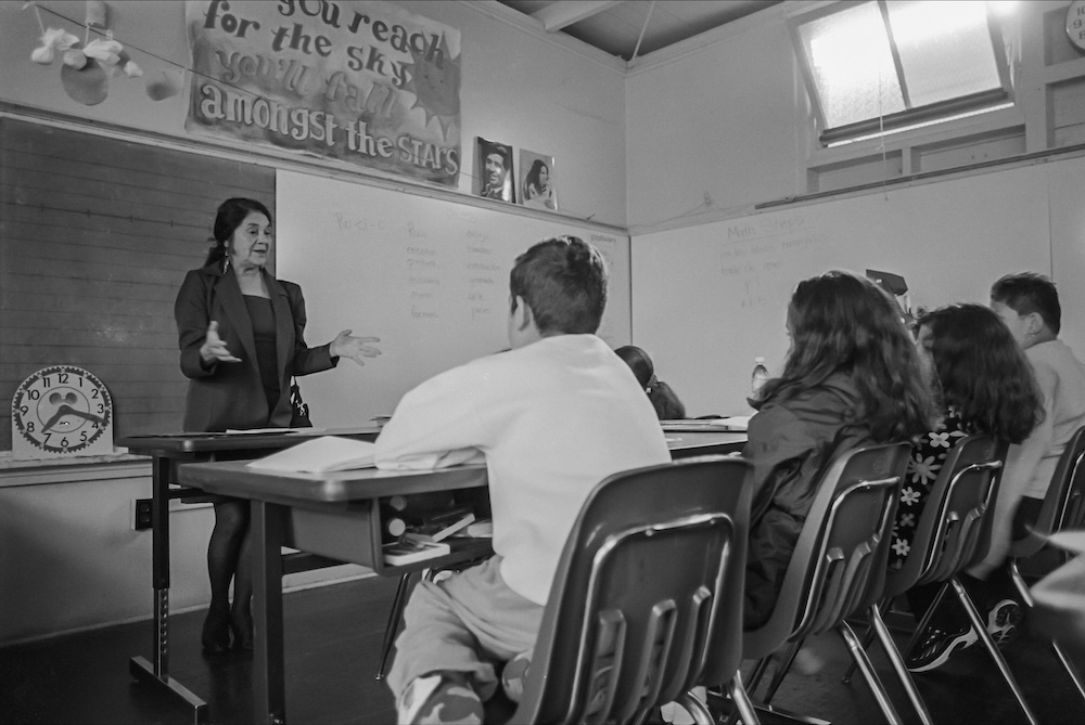 Dolores Huerta speaks to workers.