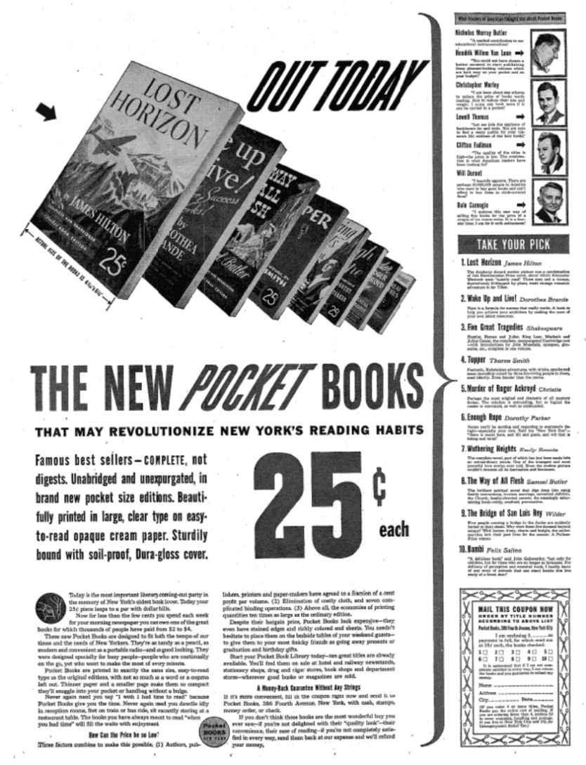 A 1939 ad for mass market paperbacks in The New York Times