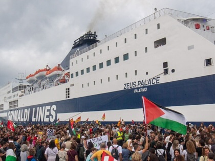 Dockworkers and activists protest for Palestine in Livorno, Italy.