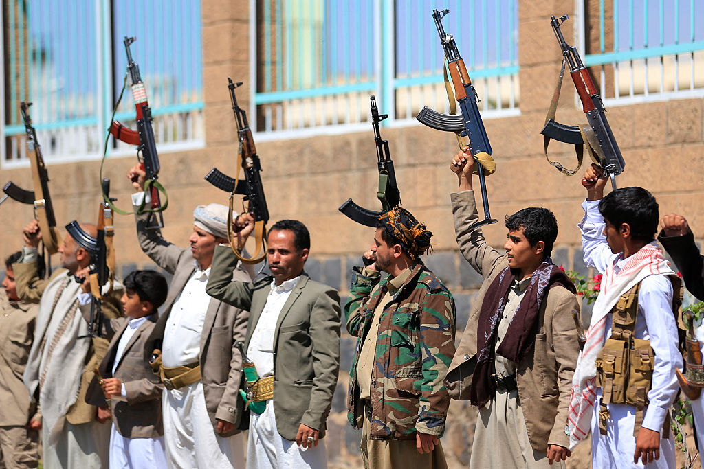 Fighters loyal to the Houthi authorities take part in a rally to recruit more fighters in Sana'a on October 7, 2026.