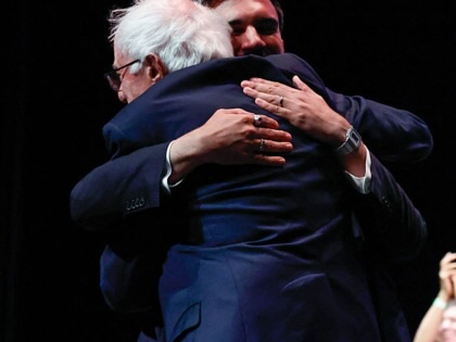 Bernie Sanders embraces Zohran Mamdani at a get-out-the-vote rally in Brooklyn, New York, on June 18, 2026.