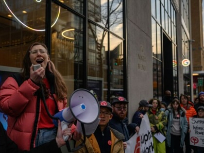 Members of the Alphabet Workers Union (CWA) hold a rally outside the Google office in response to recent layoffs, in New York on February 2, 2023.