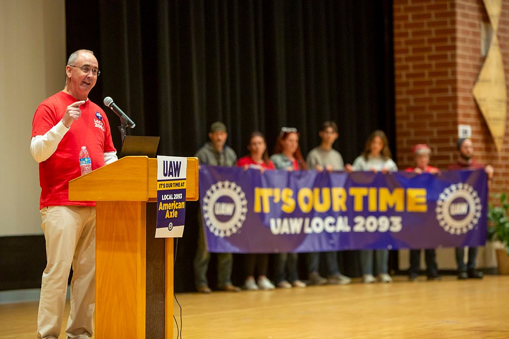 United Auto Workers President Shawn Fain speaks as UAW members rally for better wages as contract negotiations begin with American Axle (aka Dauch Corp.).