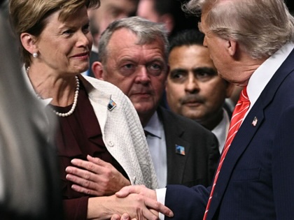 US President Donald Trump greets Latvian Foreign Minister Baiba Braze ahead of the North Atlantic Council Plenary Session on the second day of the 2025 NATO Summit on June 25, 2025, in The Hague, Netherlands.