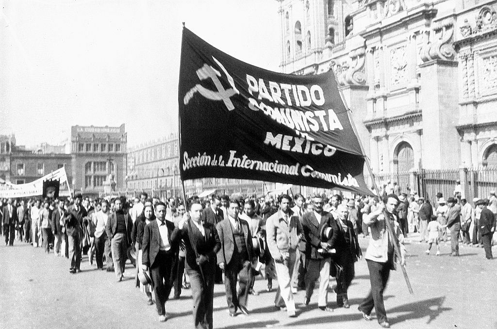 Communists Parade with Banner in Mexico