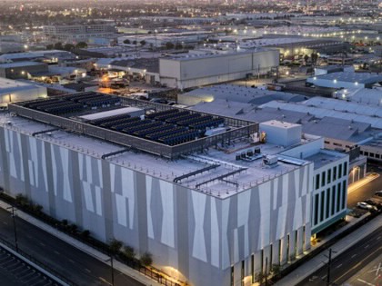 An aerial view of a thirty-three-megawatt data center with closed-loop cooling system on April 14, 2026, in Vernon, California.