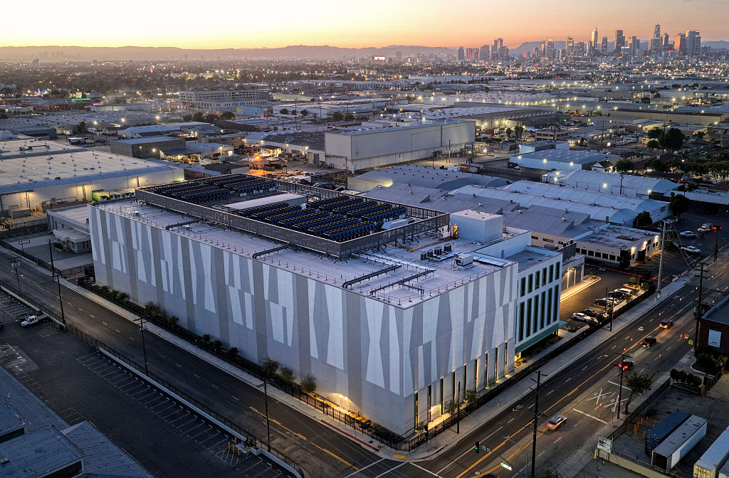 An aerial view of a thirty-three-megawatt data center with closed-loop cooling system on April 14, 2026, in Vernon, California.