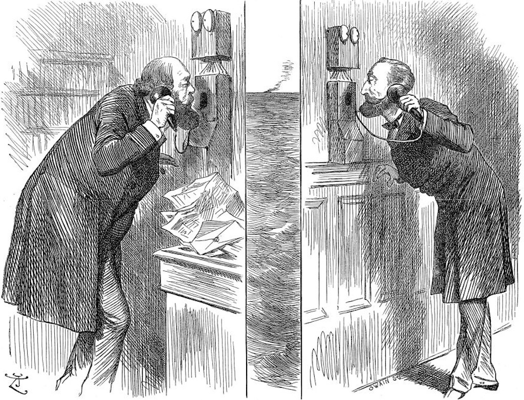 'Private and Confidential', opening of the Anglo-French telephone line, 1891. Artist: John Tenniel