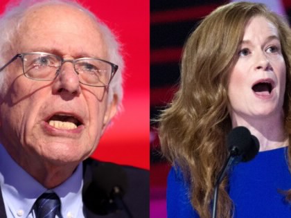 Split image of Bernie Sanders speaking and Mallory McMorrow speaking.