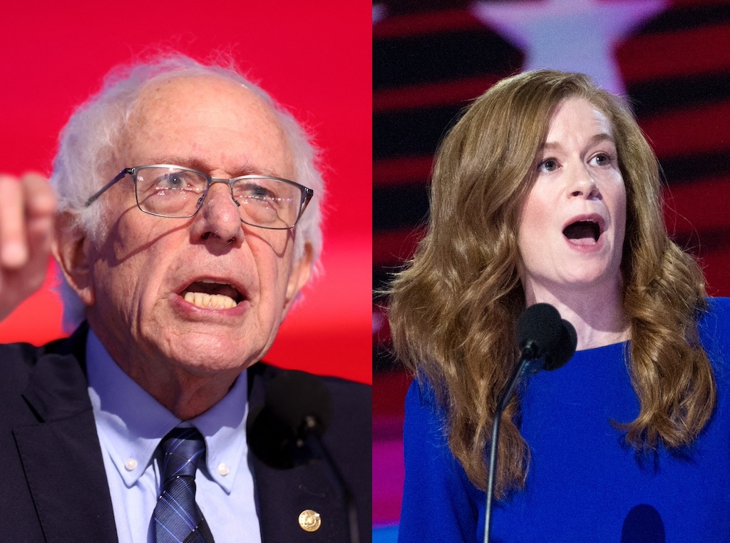 Split image of Bernie Sanders speaking and Mallory McMorrow speaking.
