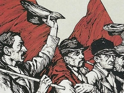 A wood engraving from the Maifestzeitung 1904 of the German Social Democrat Party's organ <cite>Vorwarts</cite>, depicting workers marching with red flags to commemorate May Day. 
