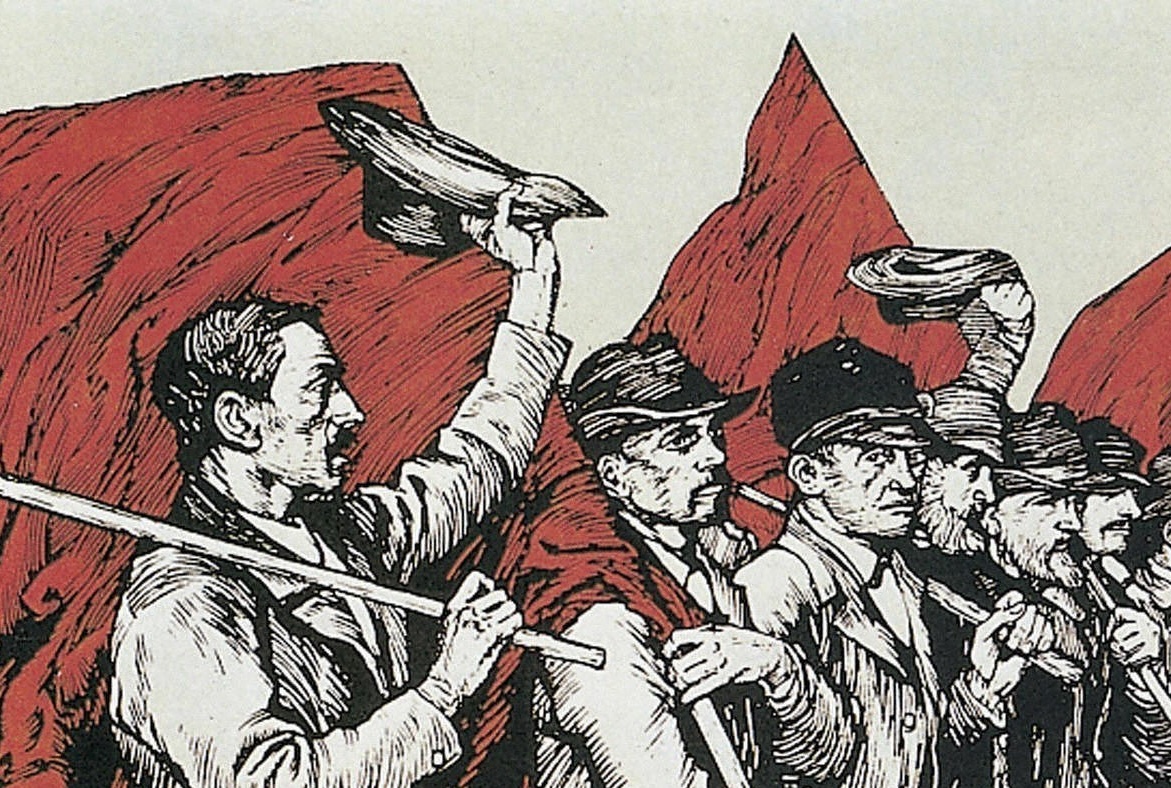 A wood engraving from the Maifestzeitung 1904 of the German Social Democrat Party's organ <cite>Vorwarts</cite>, depicting workers marching with red flags to commemorate May Day. 