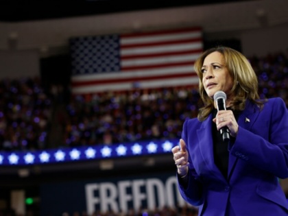 Kamala Harris speaking into a microphone with a stadium full of people and a sign that says "Freedom" behind her.