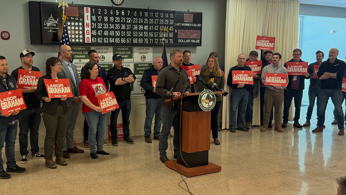 Graham Platner receiving the Maine AFL-CIO’s endorsement, May 1, 2026. 