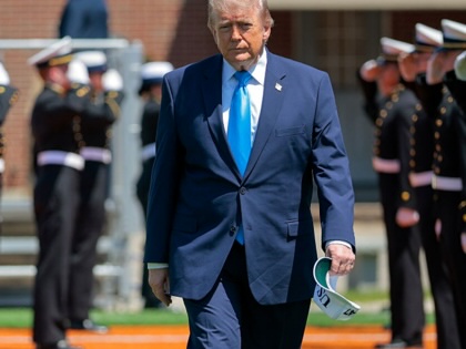 President Donald Trump arrives to the commencement ceremony on Cadet Memorial Field at the United States Coast Guard Academy on May 20, 2026, in New London, Connecticut.