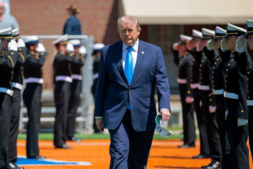 President Donald Trump arrives to the commencement ceremony on Cadet Memorial Field at the United States Coast Guard Academy on May 20, 2026, in New London, Connecticut.