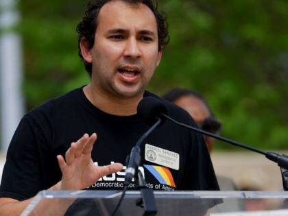 Georgia State Representative Gabriel Sanchez addresses a crowd of protesters in Atlanta, on April 5, 2025. 
