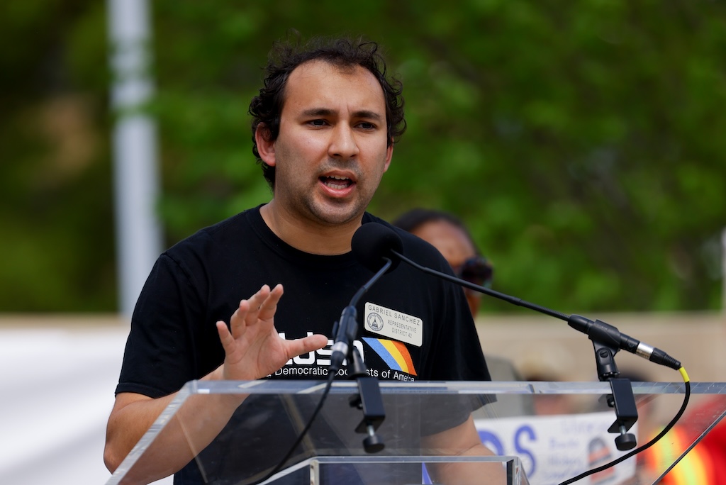 Georgia State Representative Gabriel Sanchez addresses a crowd of protesters in Atlanta, on April 5, 2025. 